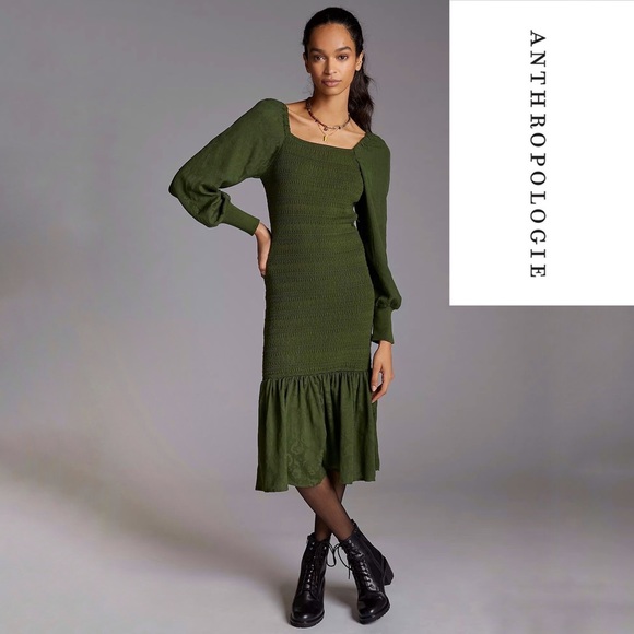 NWT Anthropologie Green Smocked Puff Sleeved Mini Dress - Picture 1 of 6